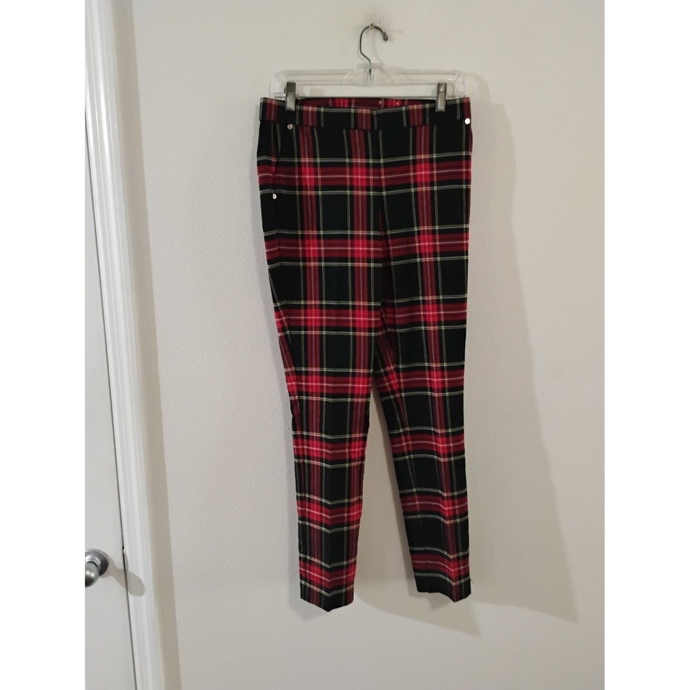 Anne Klein Red Black Tartan Plaid Slim Leg Dress Pants Trousers Womens Medium